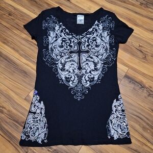 Vocal Womens Black Baby Tee Y2K 00s Grunge McBling Rhinestones Cross Punk Moto